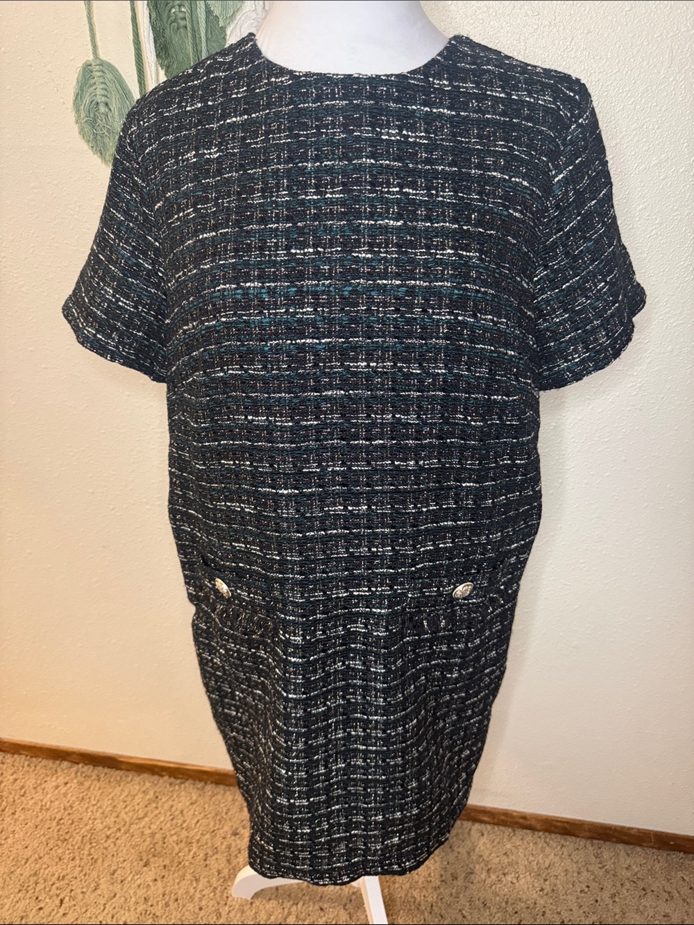 LOFT Black Tweed-Effect Short Sleeve Mini Dress with White & Blue Accents